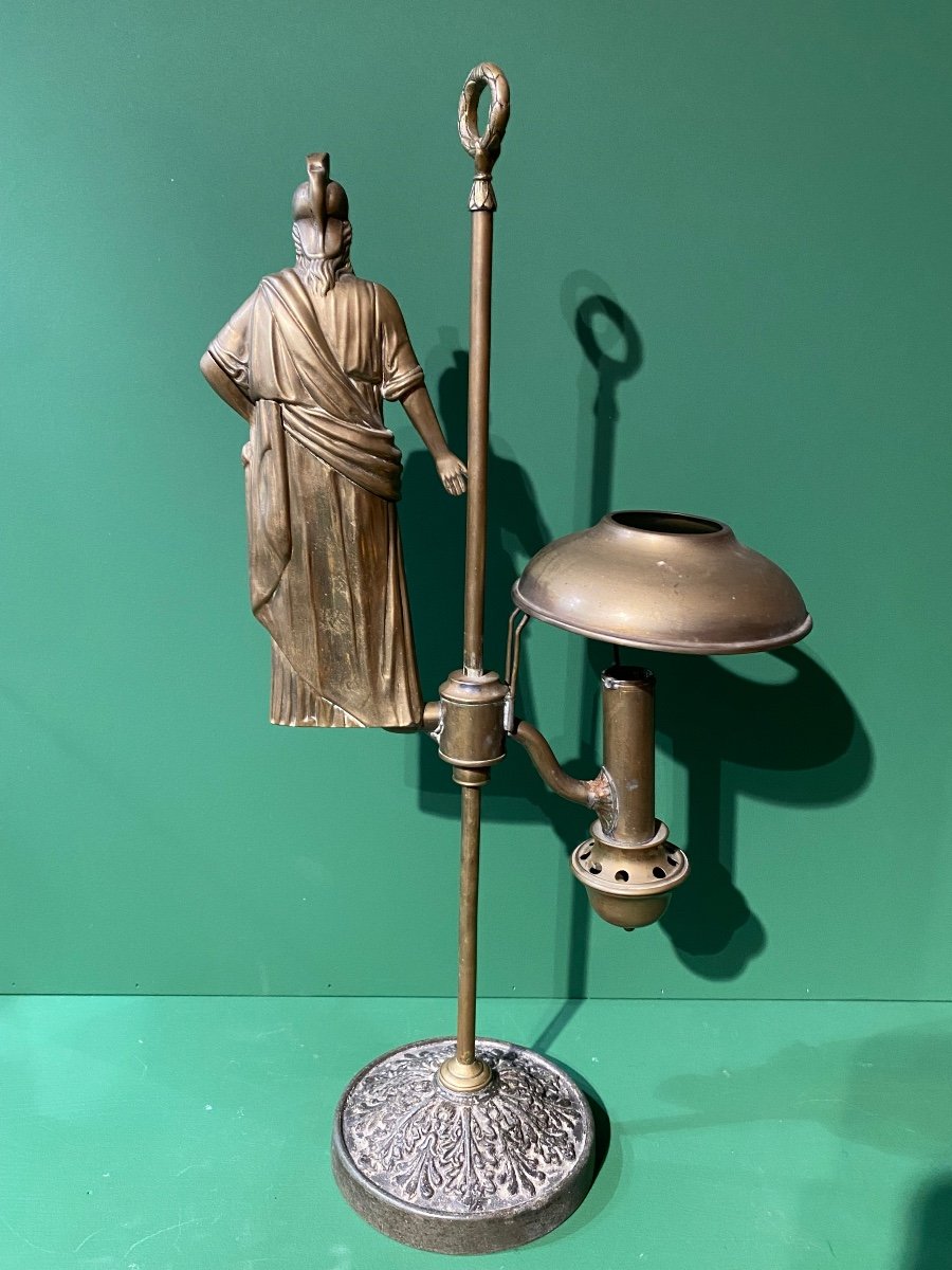 Rare Oil Lamp In Patinated Golden Brass Decor Of Athena Early 19th Century.-photo-3