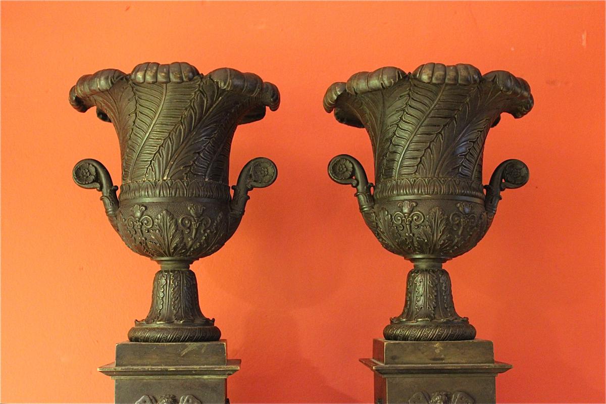 Cassolette Pair Of Bronze And Patina Chiseled. XIXth Century-photo-2