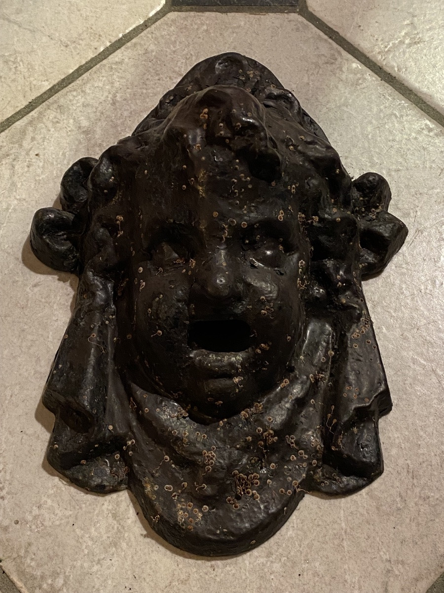 Cast Iron Fountain Mask, Head Of Bacchus Child, 19th Century, Napoleon III Era.-photo-2