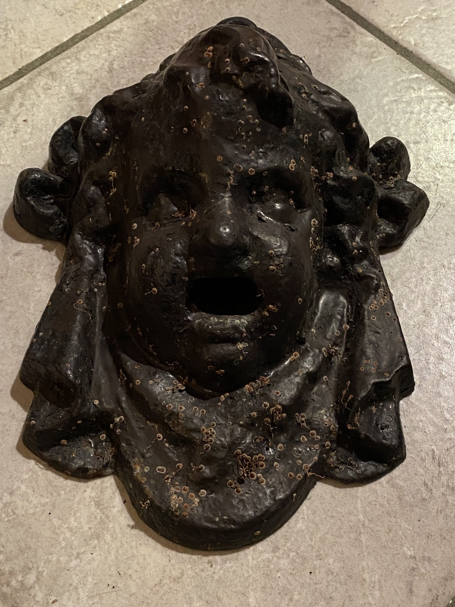 Cast Iron Fountain Mask, Head Of Bacchus Child, 19th Century, Napoleon III Era.-photo-1