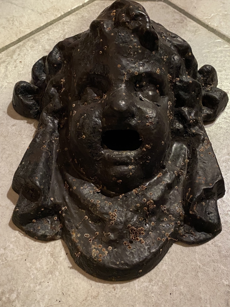 Cast Iron Fountain Mask, Head Of Bacchus Child, 19th Century, Napoleon III Era.-photo-6