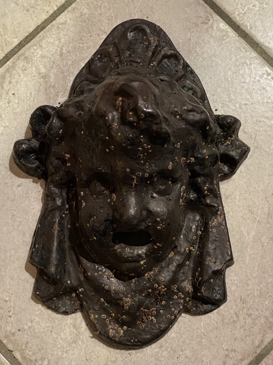 Cast Iron Fountain Mask, Head Of Bacchus Child, 19th Century, Napoleon III Era.