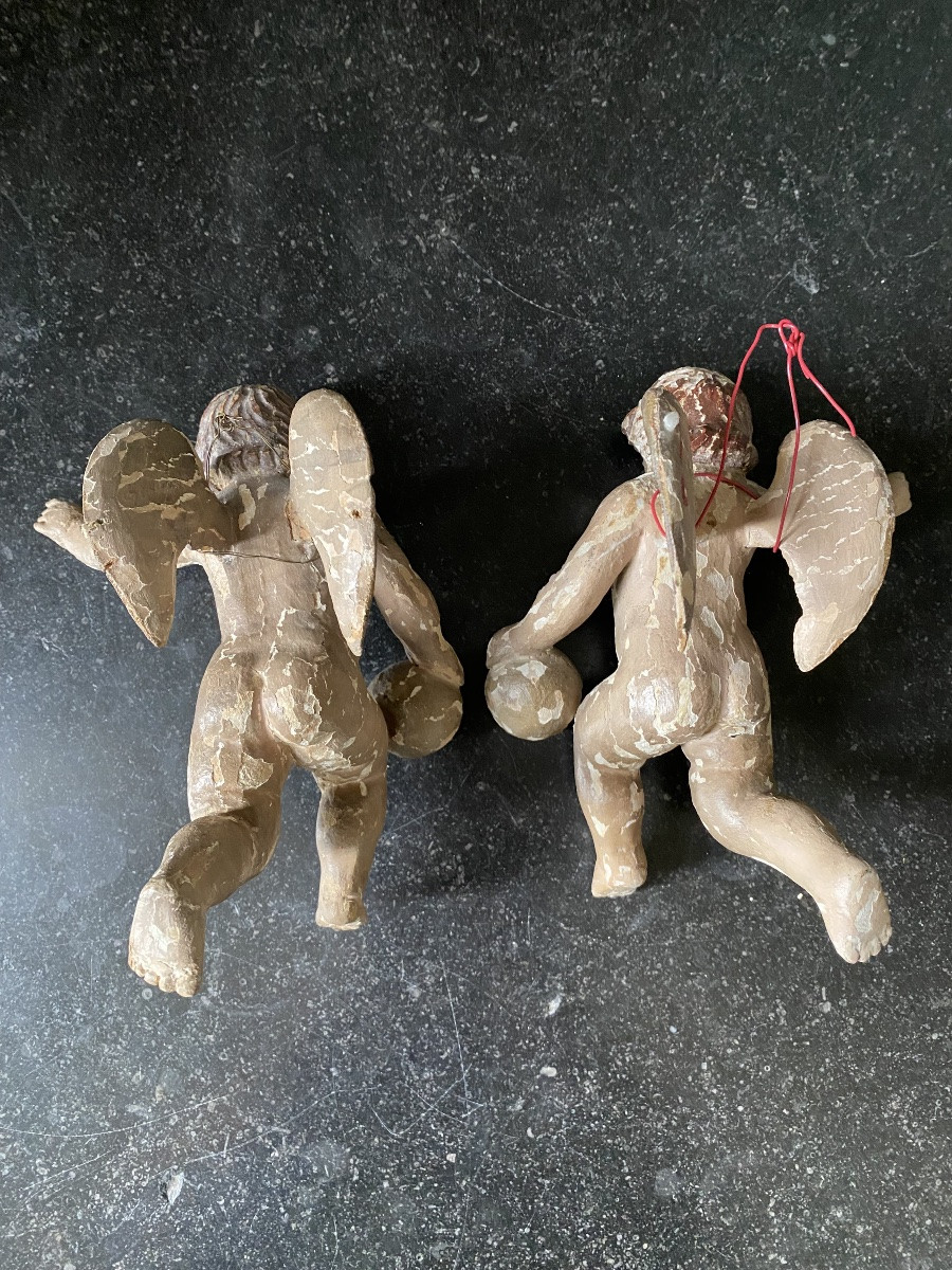 Pair Of Small Polychrome Carved Wooden Cherubs, 18 Th Century -photo-3