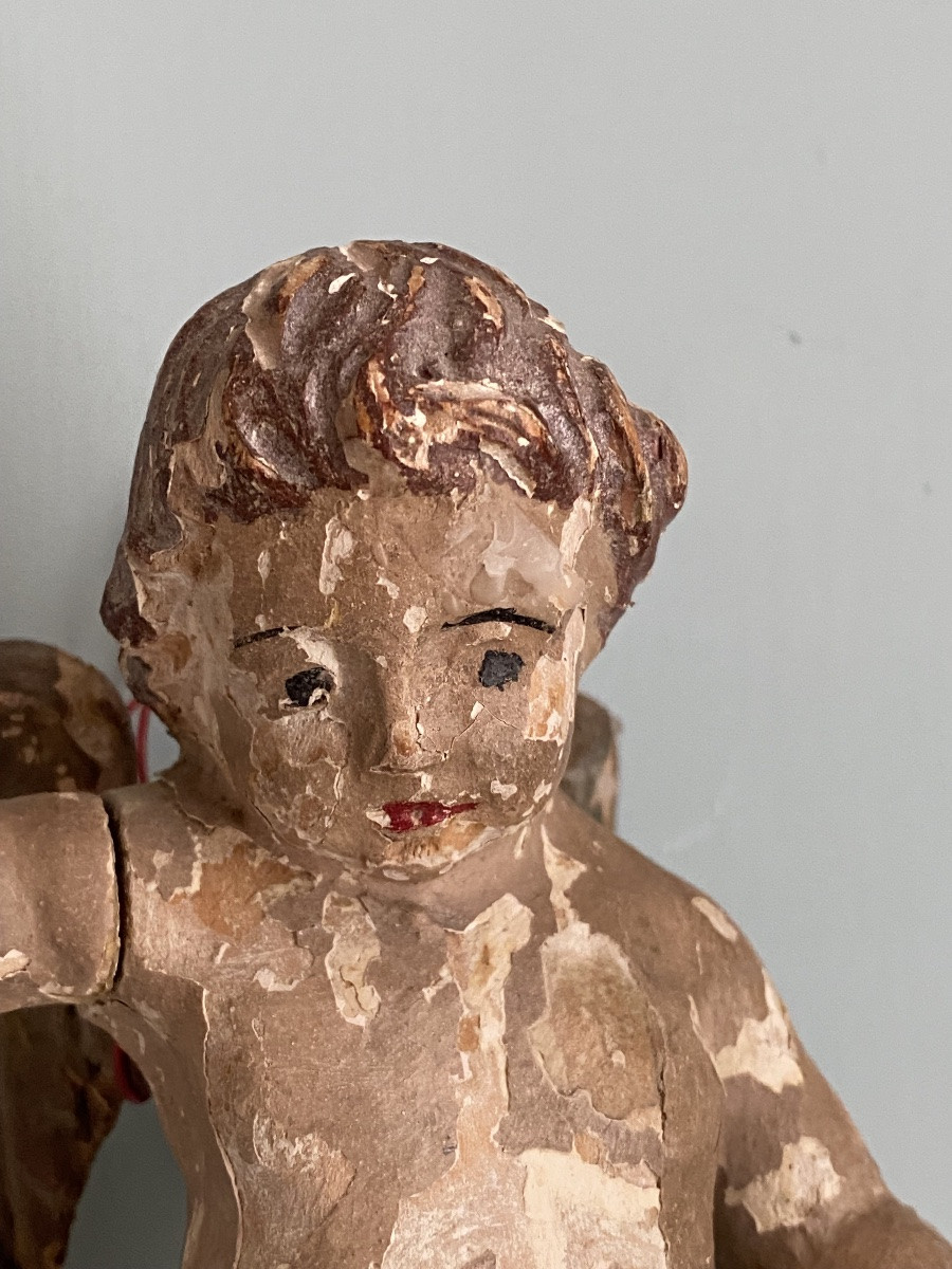Pair Of Small Polychrome Carved Wooden Cherubs, 18 Th Century -photo-5