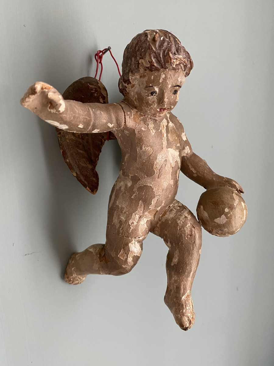 Pair Of Small Polychrome Carved Wooden Cherubs, 18 Th Century -photo-6