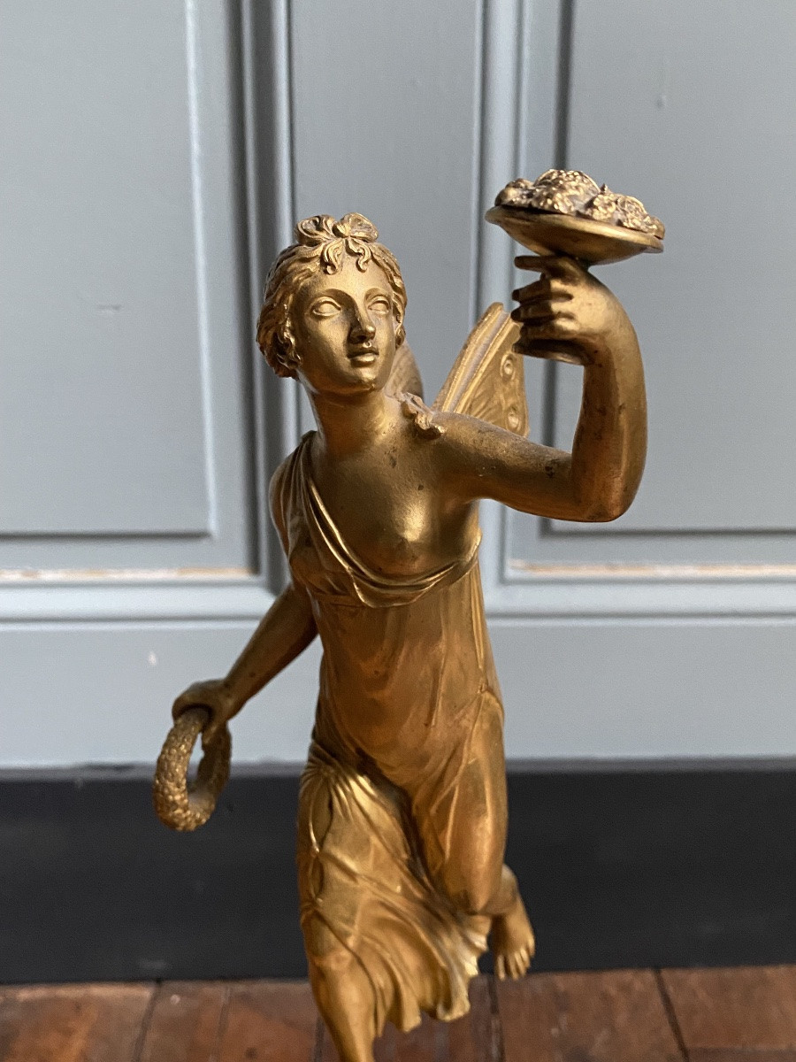 Sculpture en bronze ciselé doré Zéphyr sur sa colonne en marbre début XIXeme époque 1er empire.-photo-6