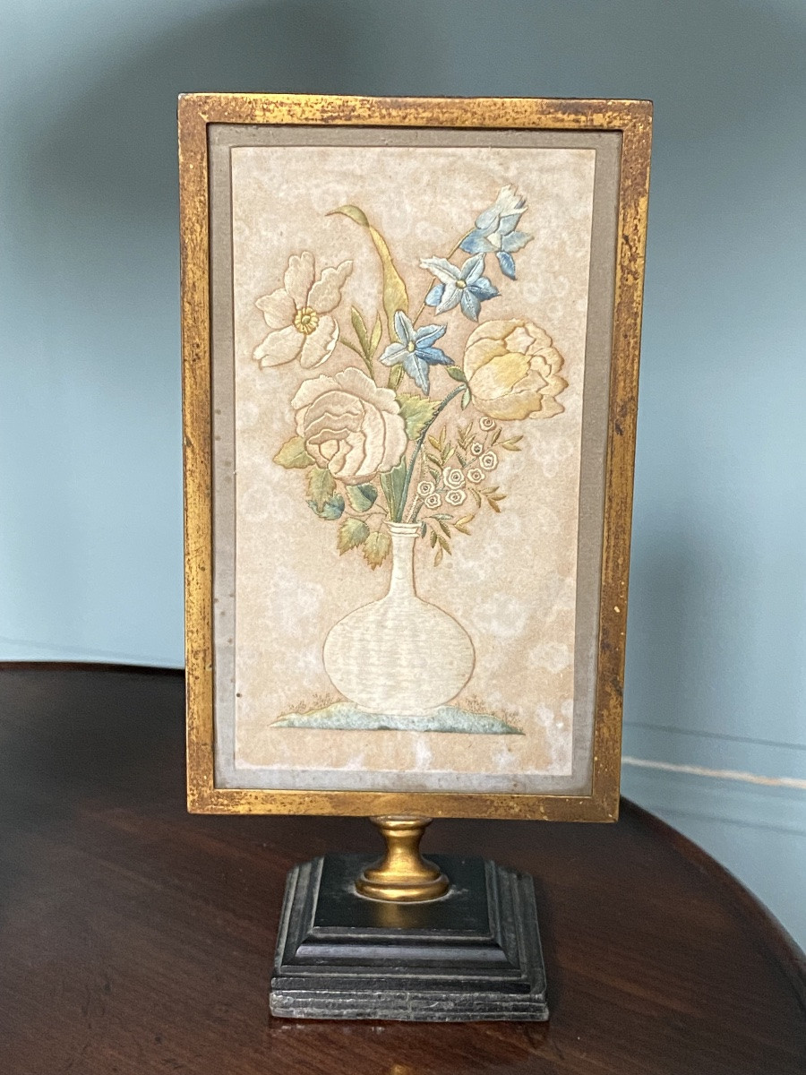 Small Table Screen, Embroidery On Silk, Bronze And Lead Mount, Early 19th Century.-photo-2