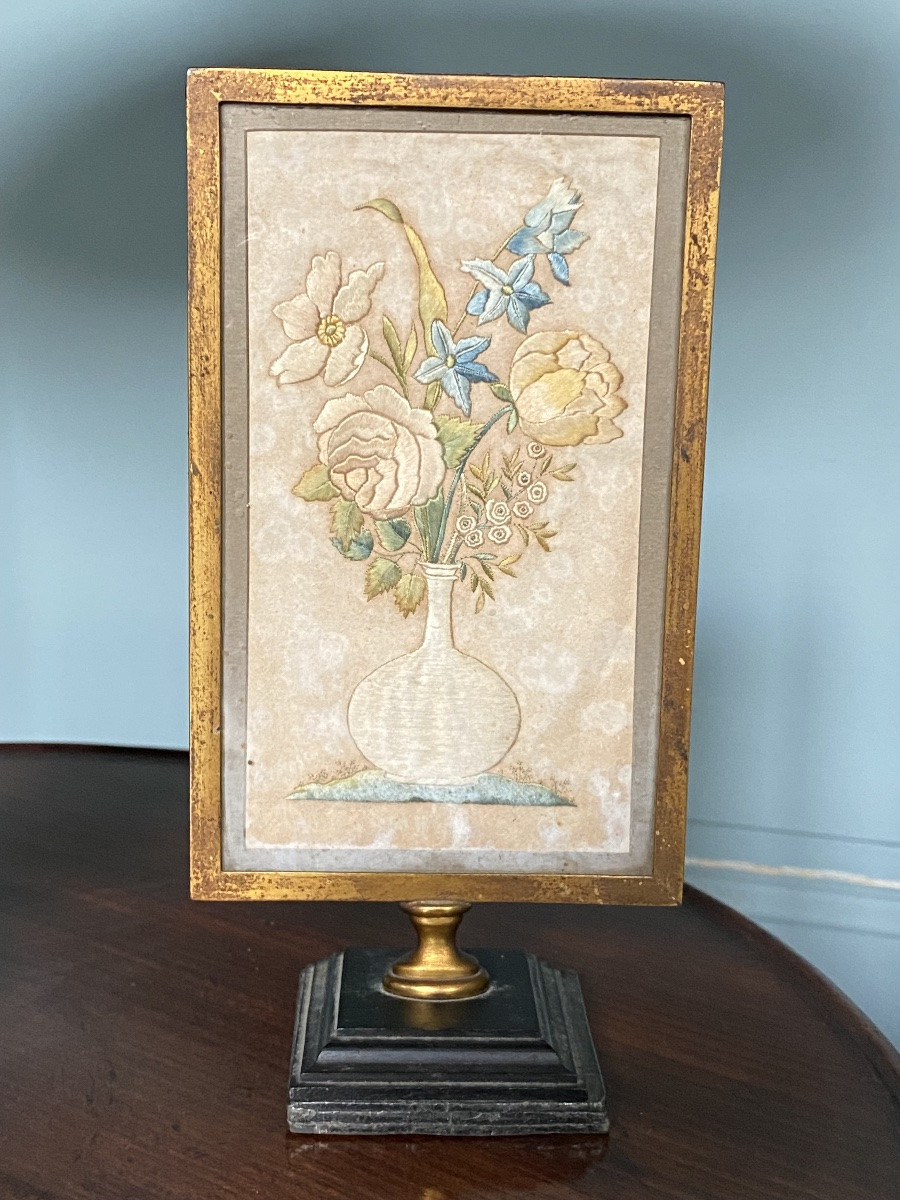 Small Table Screen, Embroidery On Silk, Bronze And Lead Mount, Early 19th Century.-photo-3