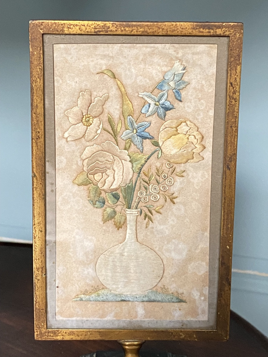 Small Table Screen, Embroidery On Silk, Bronze And Lead Mount, Early 19th Century.-photo-4