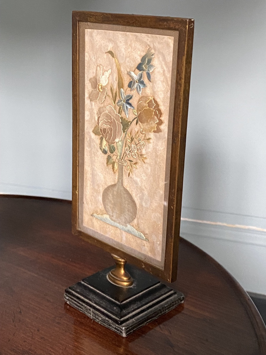 Small Table Screen, Embroidery On Silk, Bronze And Lead Mount, Early 19th Century.-photo-1