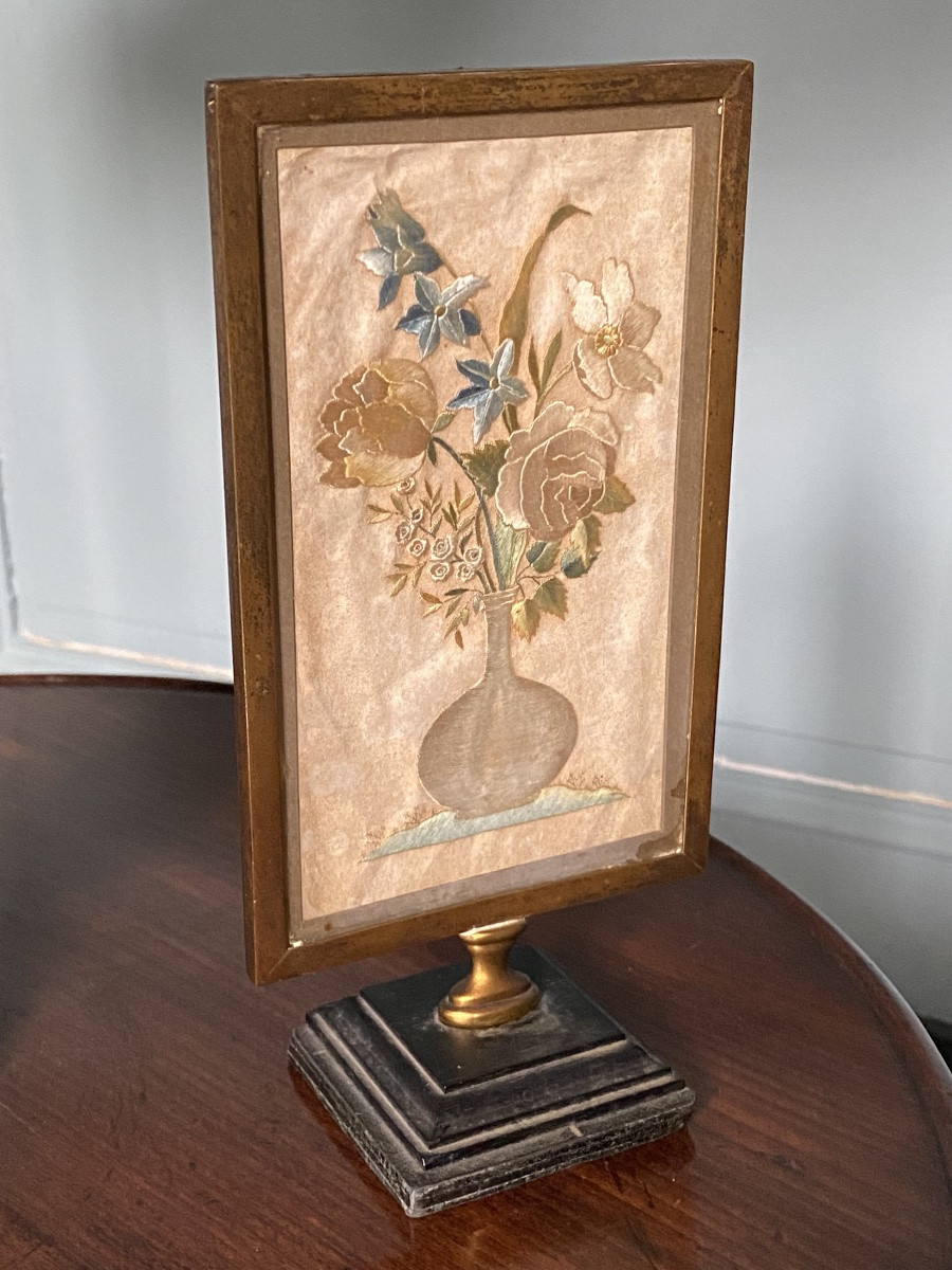 Small Table Screen, Embroidery On Silk, Bronze And Lead Mount, Early 19th Century.-photo-2