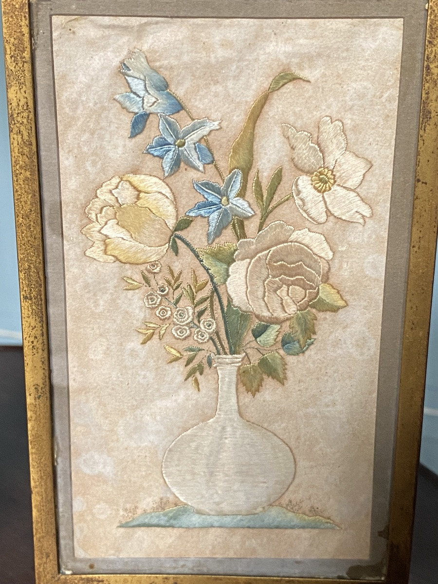 Small Table Screen, Embroidery On Silk, Bronze And Lead Mount, Early 19th Century.-photo-8