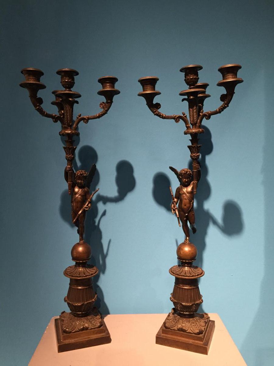 Pair Of Bronze Candelabra Chiseled Patinated XIXth Charles X.-photo-4