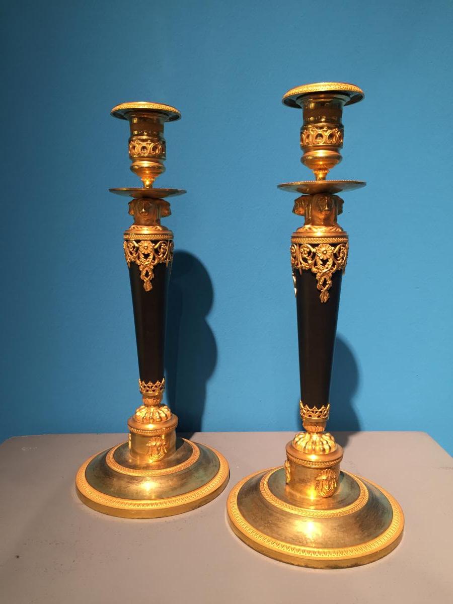 Rare Pair Of Candlesticks Bronze XIXth Empire 1st Time