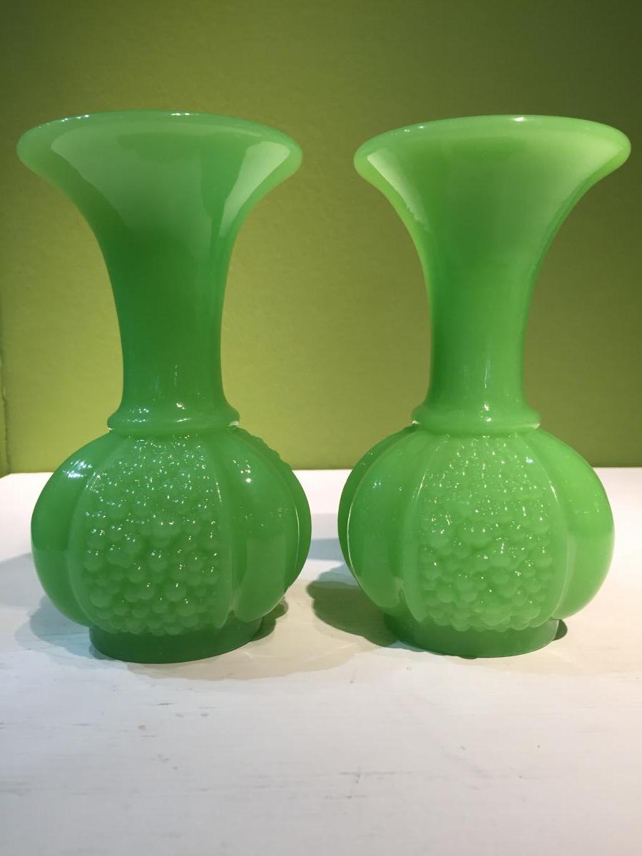 Pair Of Vases Opaline Green Manufacture Of St. Louis XIXth Napoleon III.-photo-2