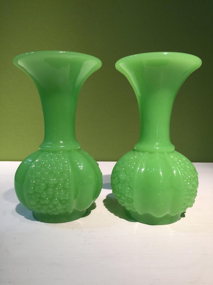 Pair Of Vases Opaline Green Manufacture Of St. Louis XIXth Napoleon III.-photo-3