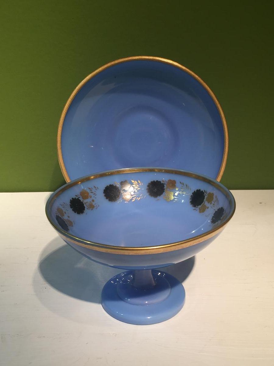 Coupe Et Sa Soucoupe Drageoir Opaline Bleu XIXeme époque Charles X.