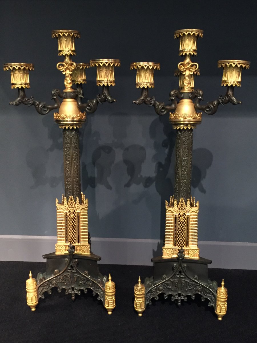 Pair Of Candelabra In Bronze Chiseled Gilt And Patinated Cathedral Decor XIXth Charles X.-photo-3