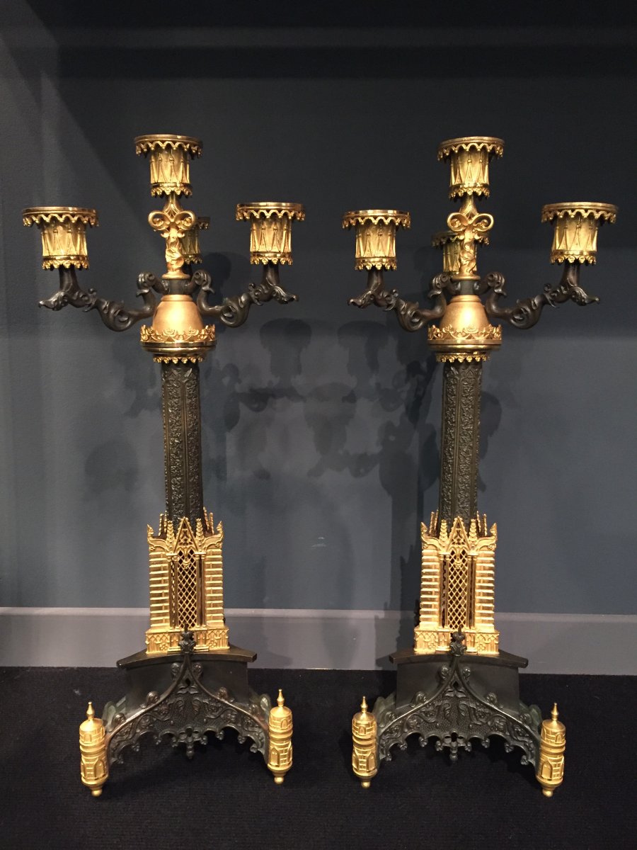 Pair Of Candelabra In Bronze Chiseled Gilt And Patinated Cathedral Decor XIXth Charles X.