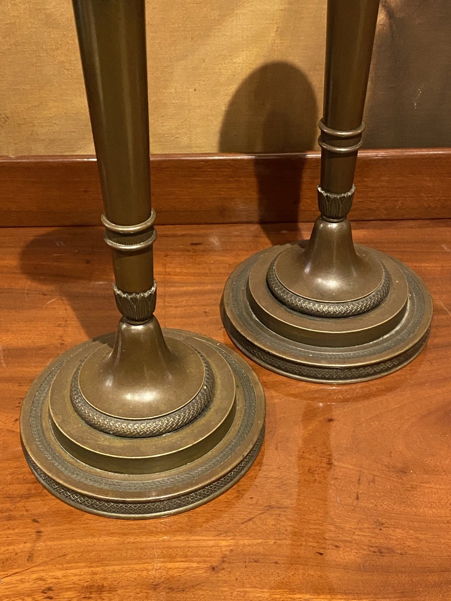 Pair Of Candlesticks In Chiselled Patinated Bronze XIXth Empire Period.-photo-3