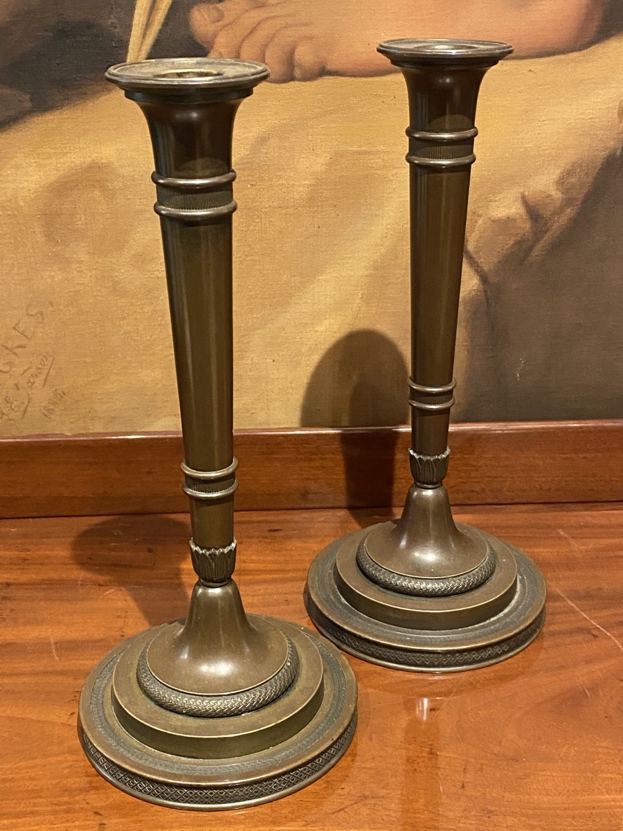 Pair Of Candlesticks In Chiselled Patinated Bronze XIXth Empire Period.-photo-4