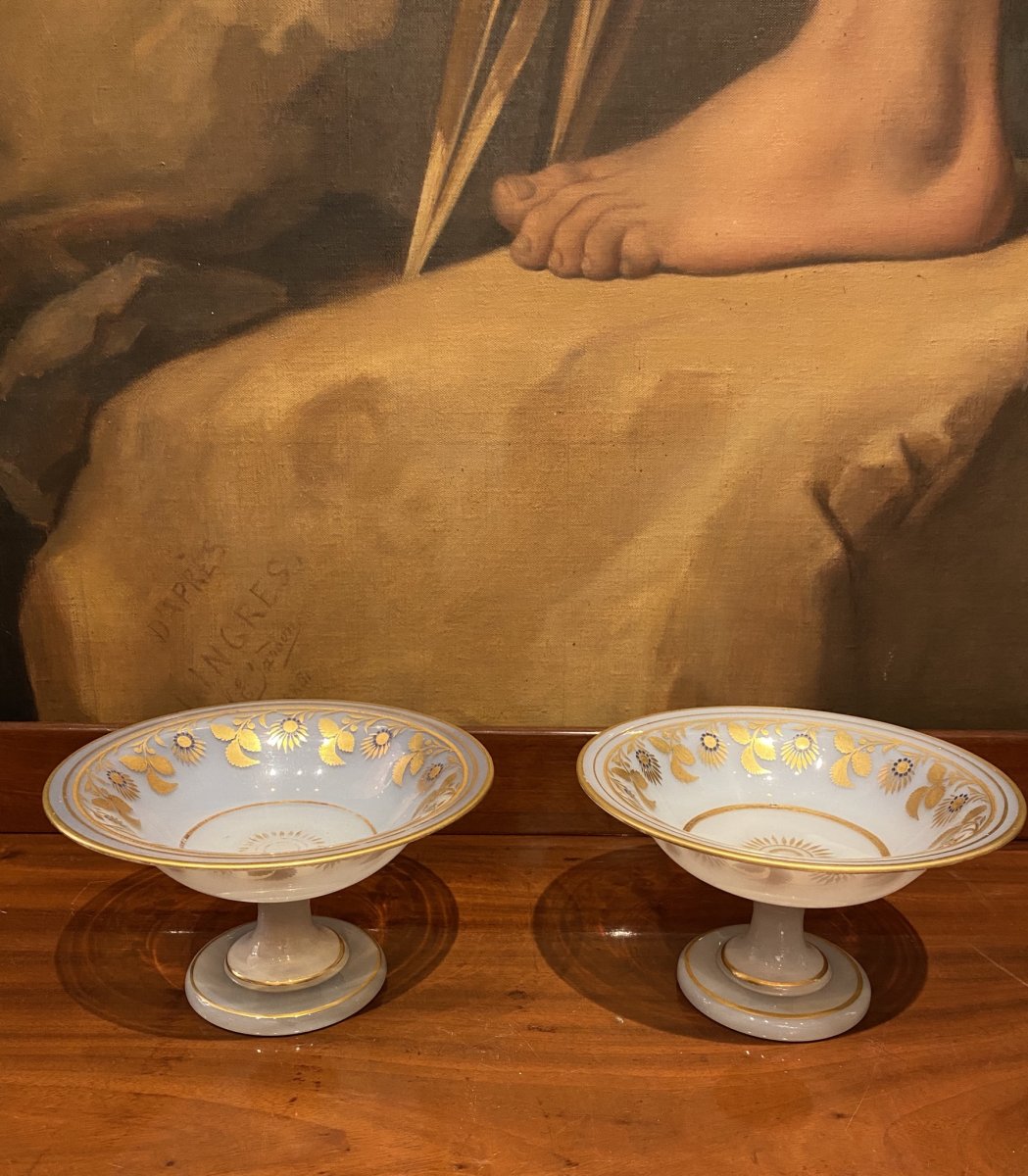 Rare Pair Of Baguier Cups In Opaline Soapy Decor Desvignes XIXth Charles X Period.