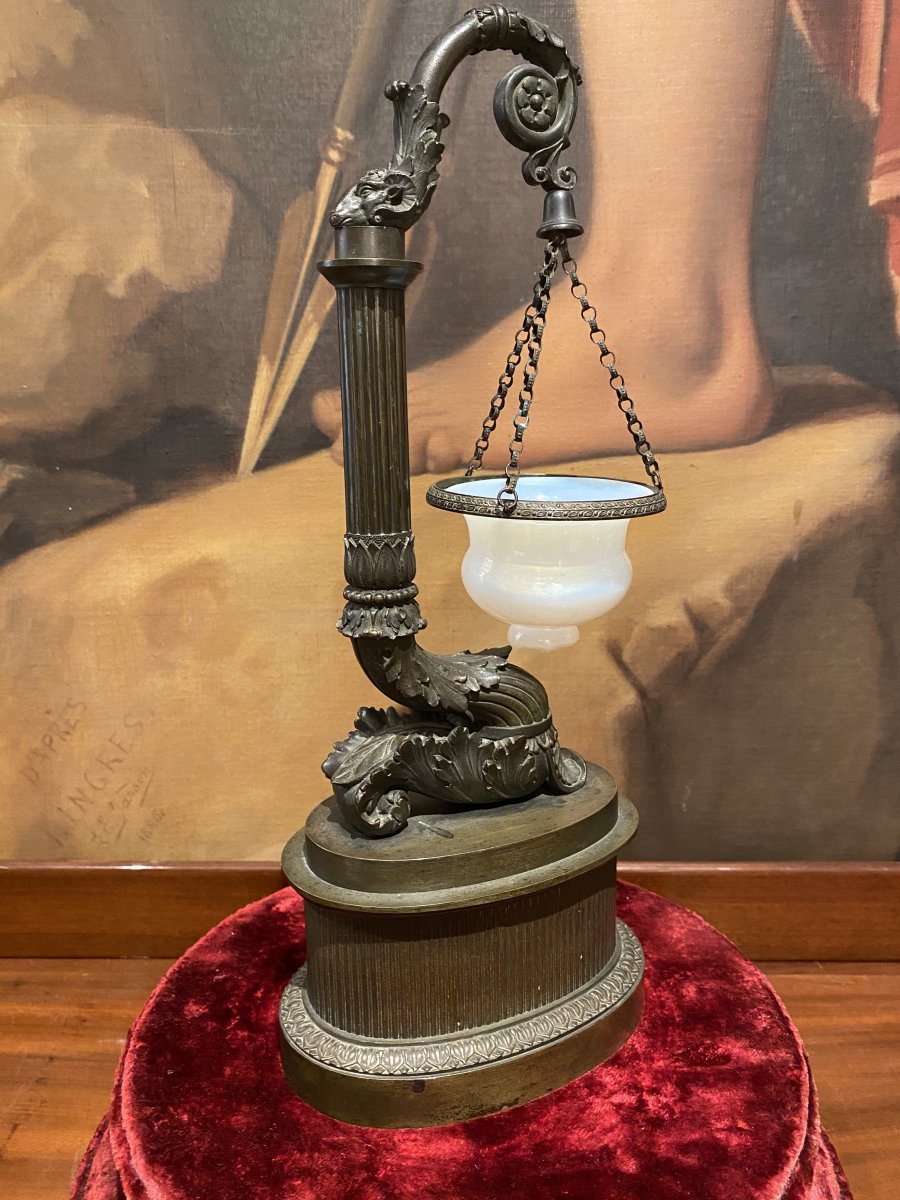 Night Light Oil Lamp In Patinated Bronze And Opaline XIXth Charles X Period.-photo-2