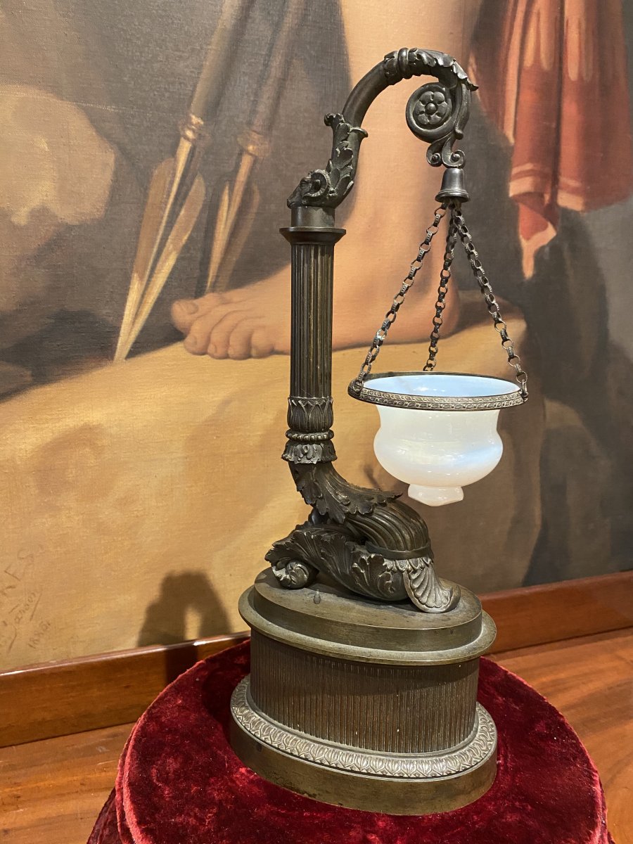 Night Light Oil Lamp In Patinated Bronze And Opaline XIXth Charles X Period.-photo-3