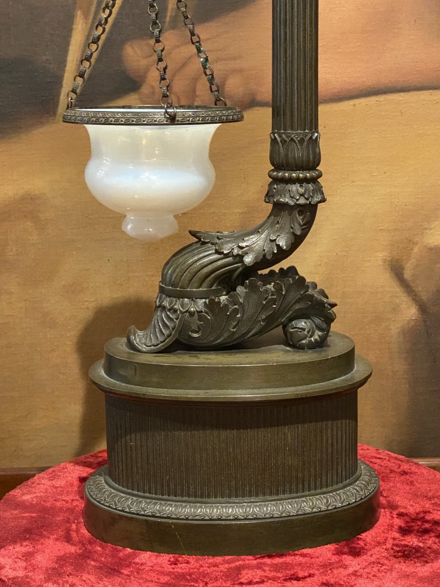 Night Light Oil Lamp In Patinated Bronze And Opaline XIXth Charles X Period.-photo-5