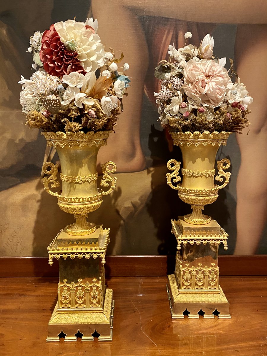 Pair Of Vases In Gilded Chiseled Bronze Cathedral Decor XIXth Charles X Period.-photo-7