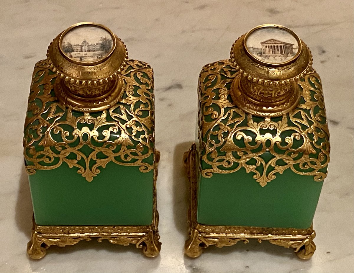 Important Pair Of Flasks In Green Opaline Mounted Bronze XIXth Napoleon III.-photo-4