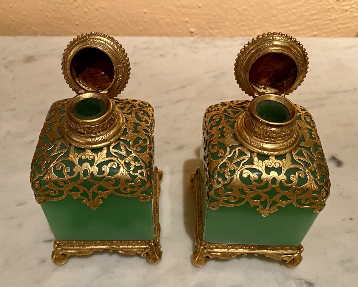 Important Pair Of Flasks In Green Opaline Mounted Bronze XIXth Napoleon III.-photo-4