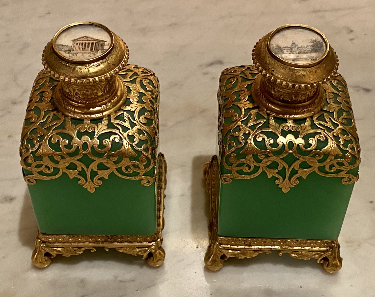 Important Pair Of Flasks In Green Opaline Mounted Bronze XIXth Napoleon III.-photo-7