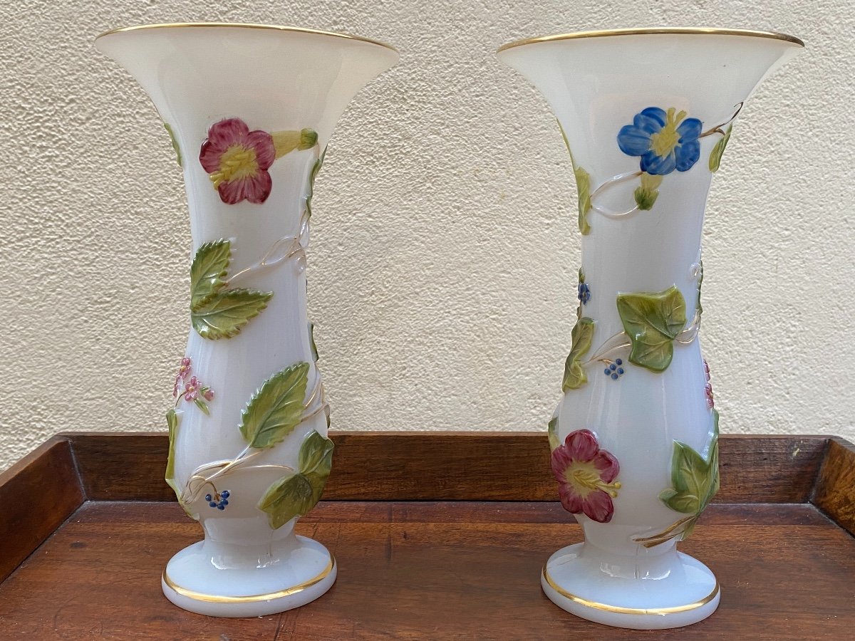 Pair Of Opaline Vases Decor With Bindweed Baccarat Manufacture XIXth Napoleon III.-photo-2