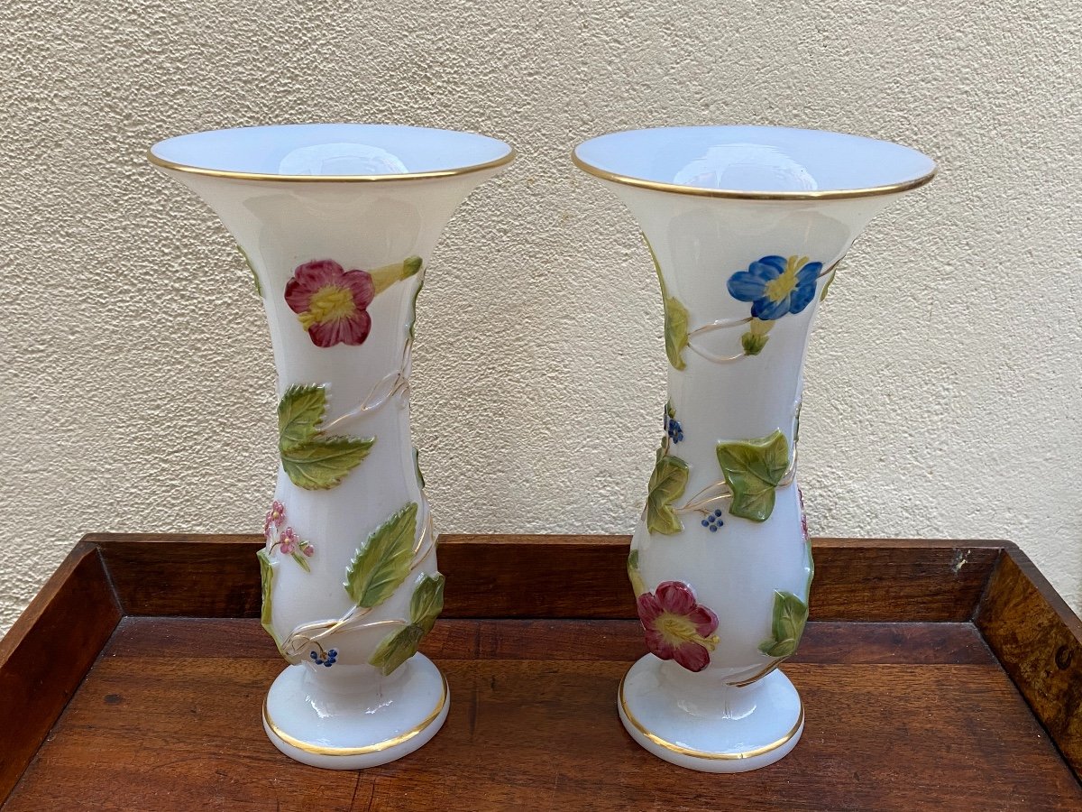 Pair Of Opaline Vases Decor With Bindweed Baccarat Manufacture XIXth Napoleon III.-photo-3