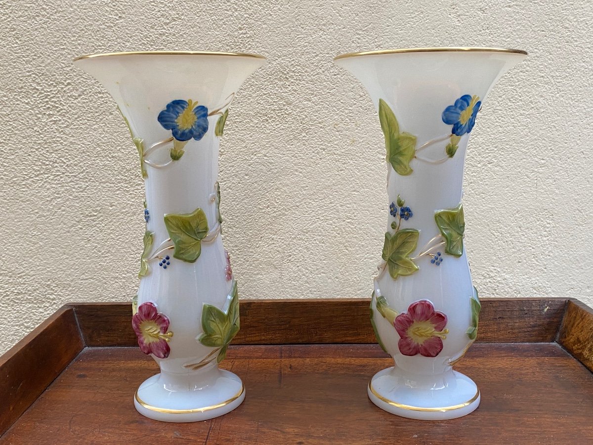 Pair Of Opaline Vases Decor With Bindweed Baccarat Manufacture XIXth Napoleon III.-photo-4