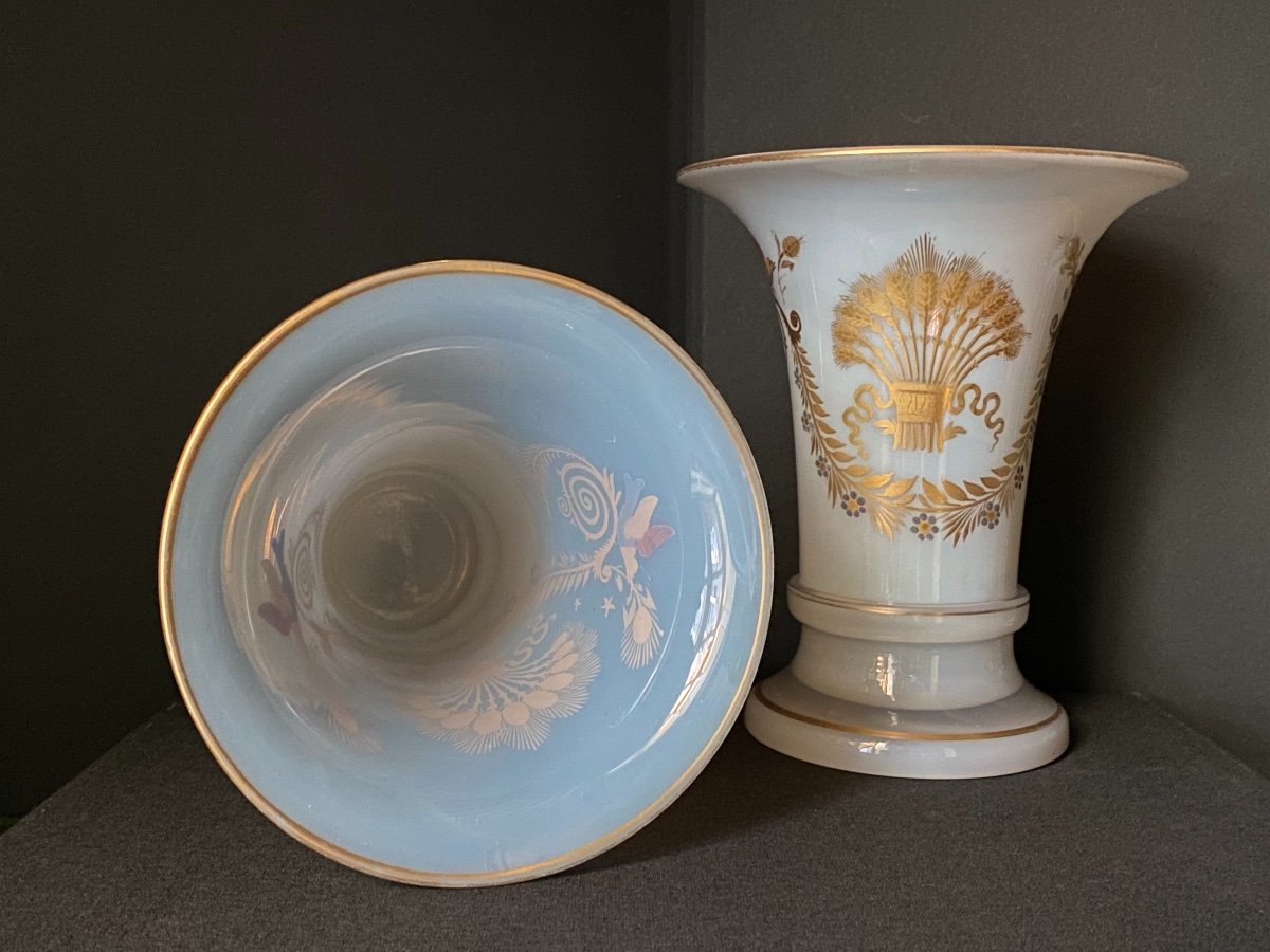 Paire De Vases Forme Cornet  En Opaline Savonneuse Décor Desvignes XIXeme époque Charles X.-photo-7