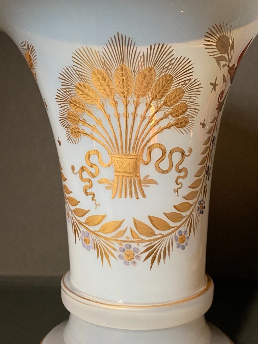 Paire De Vases Forme Cornet  En Opaline Savonneuse Décor Desvignes XIXeme époque Charles X.-photo-6