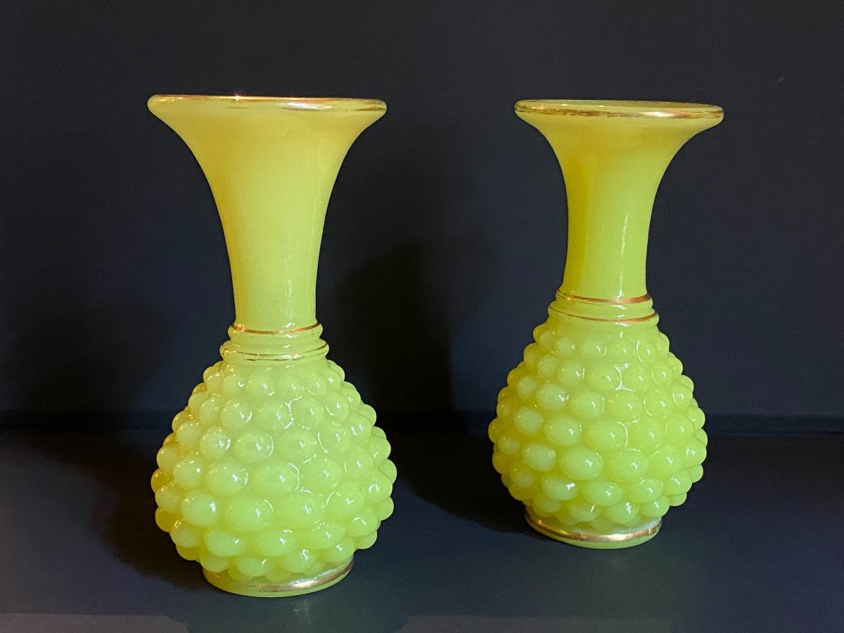Rare Paire De Petits Vases En Opaline Jaune Modèle Ananas De Baccarat XIXeme  Napoléon III.-photo-1