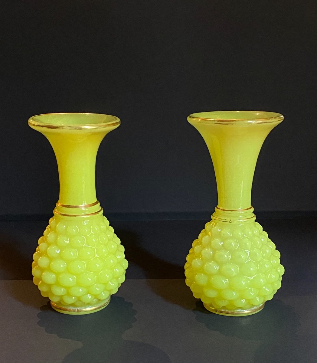 Rare Paire De Petits Vases En Opaline Jaune Modèle Ananas De Baccarat XIXeme  Napoléon III.-photo-2