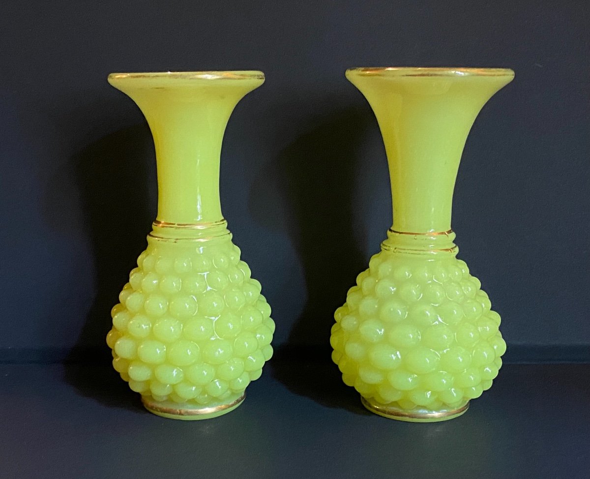 Rare Paire De Petits Vases En Opaline Jaune Modèle Ananas De Baccarat XIXeme  Napoléon III.-photo-3