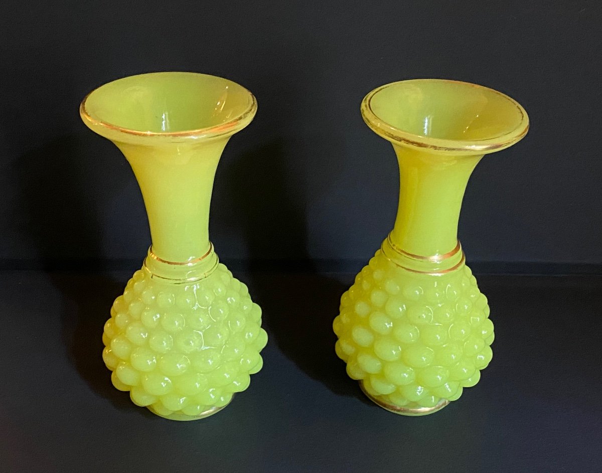 Rare Paire De Petits Vases En Opaline Jaune Modèle Ananas De Baccarat XIXeme  Napoléon III.-photo-4