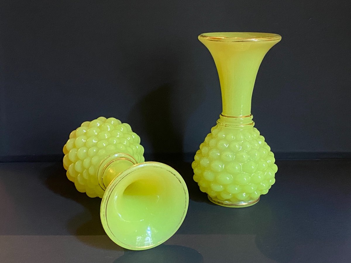 Rare Paire De Petits Vases En Opaline Jaune Modèle Ananas De Baccarat XIXeme  Napoléon III.-photo-5