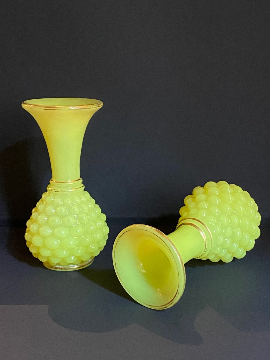 Rare Paire De Petits Vases En Opaline Jaune Modèle Ananas De Baccarat XIXeme  Napoléon III.-photo-7