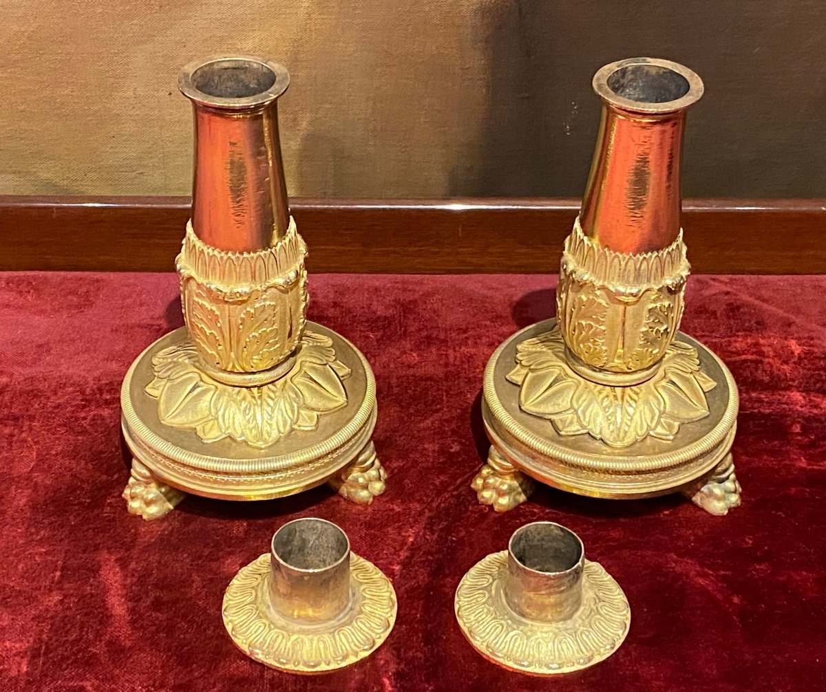 Pair Of Tripod Candlesticks In Gilded Bronze XIXth Charles X Period.-photo-3