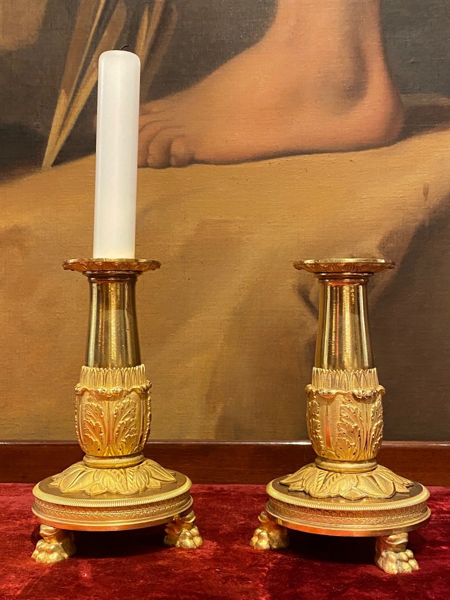 Pair Of Tripod Candlesticks In Gilded Bronze XIXth Charles X Period.-photo-1