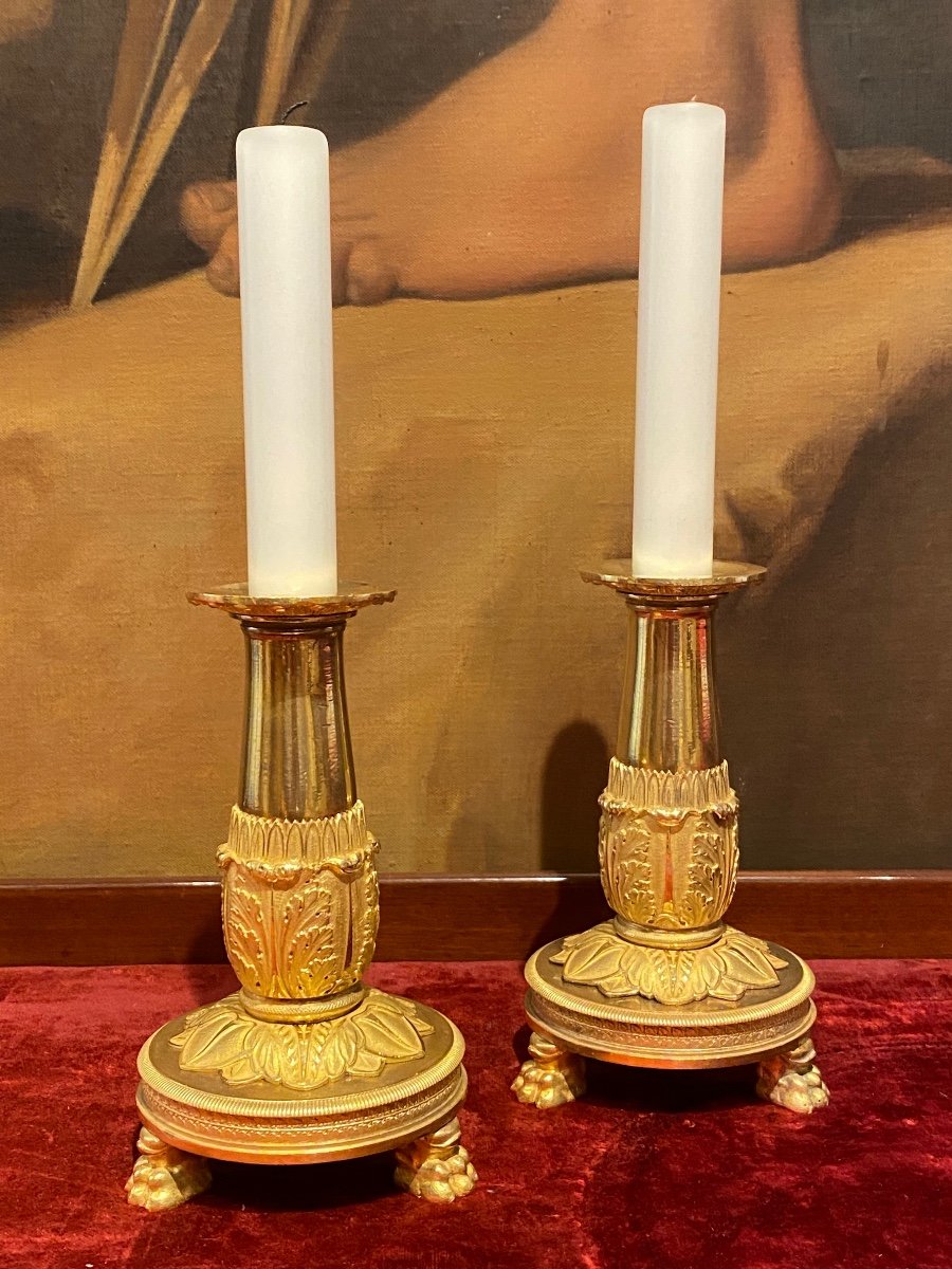 Pair Of Tripod Candlesticks In Gilded Bronze XIXth Charles X Period.-photo-2