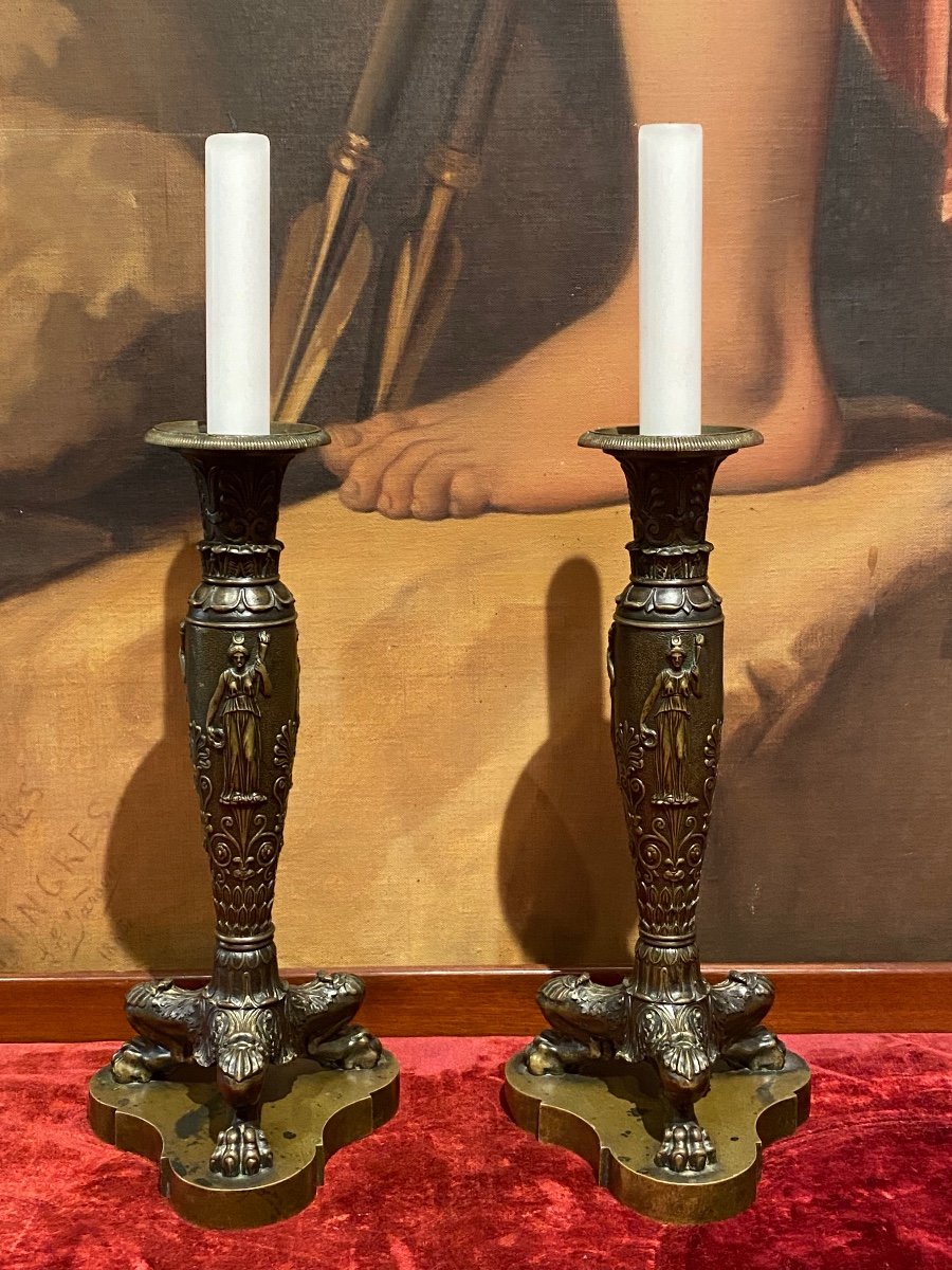 Rare Pair Of Neoclassical Decor Candlesticks In Patinated Chased Bronze XIXth Restoration Period.-photo-4