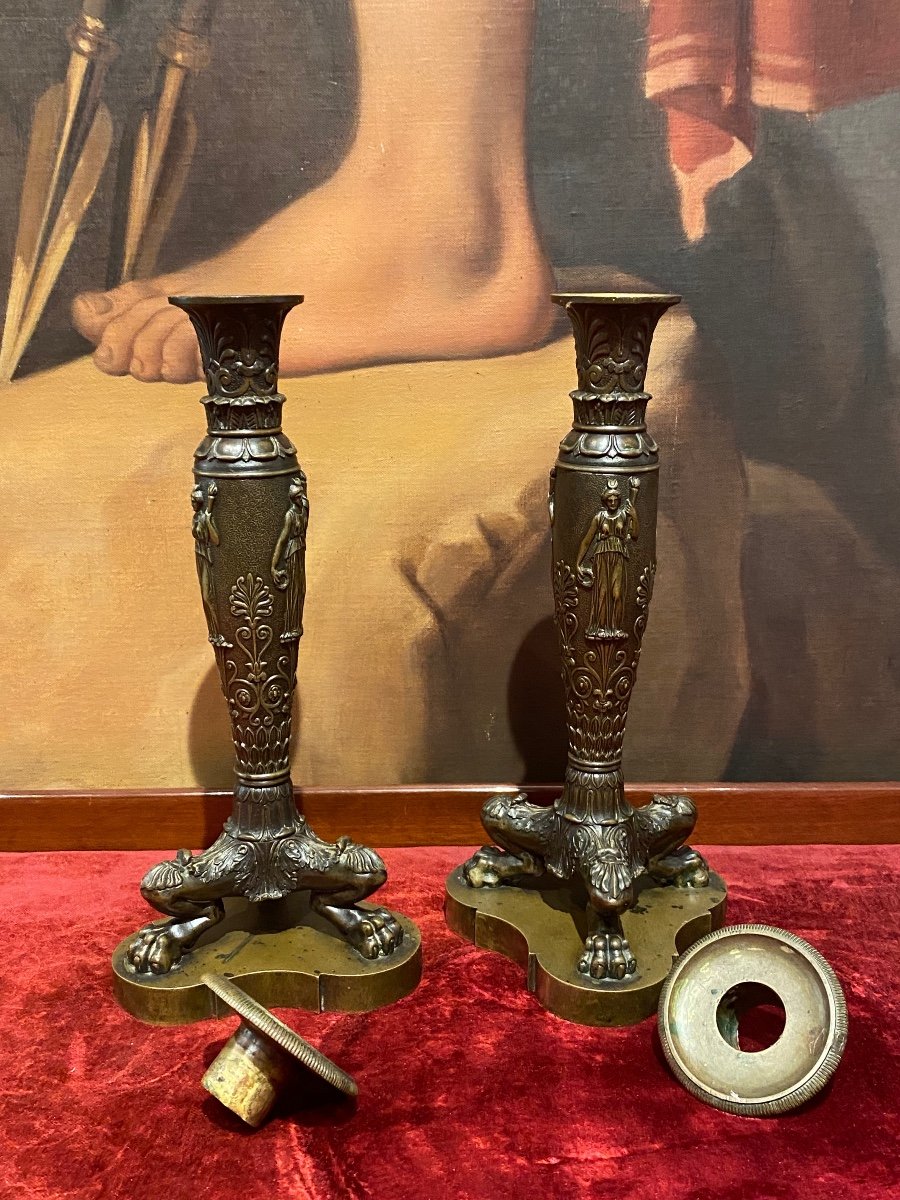 Rare Pair Of Neoclassical Decor Candlesticks In Patinated Chased Bronze XIXth Restoration Period.-photo-1