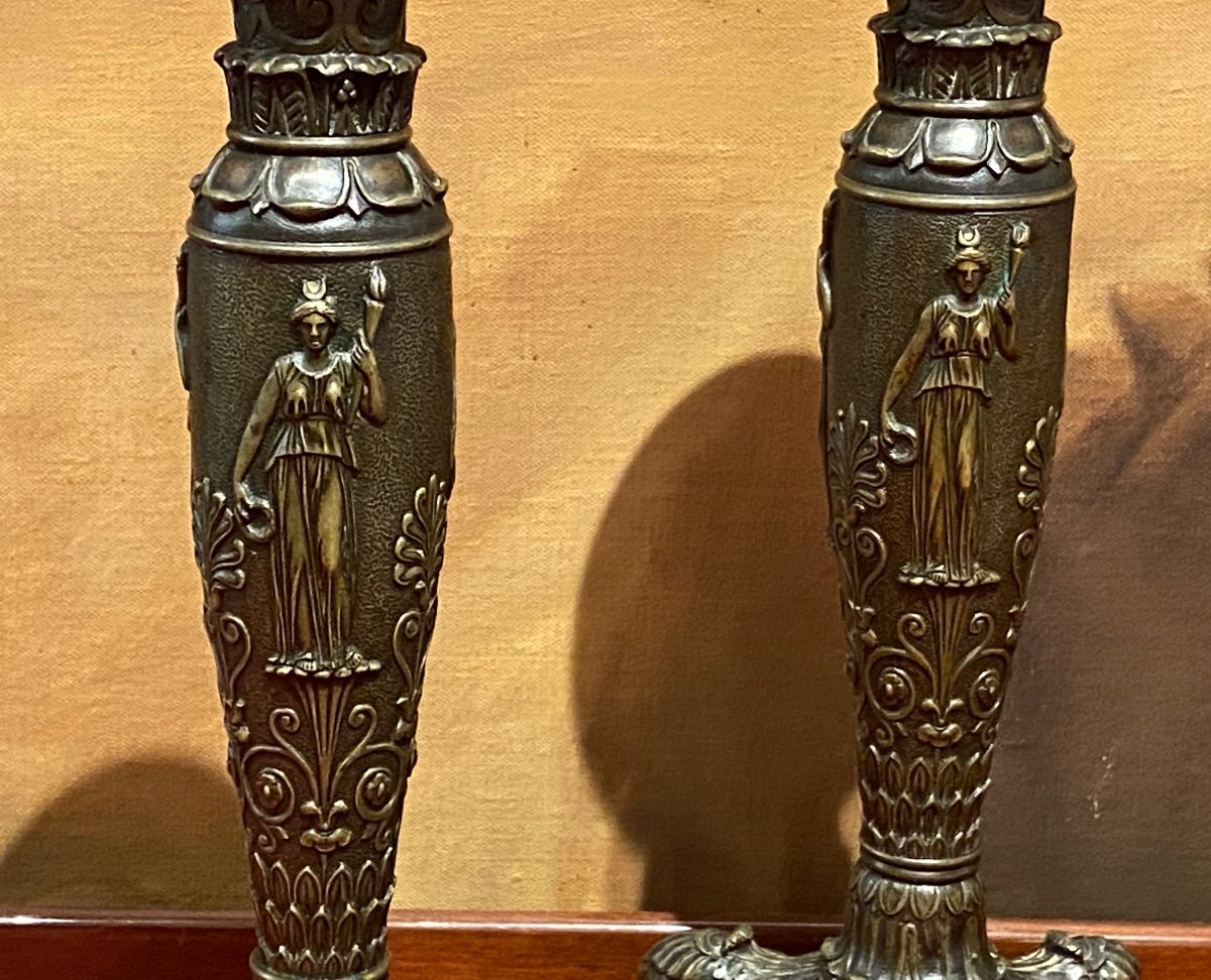 Rare Pair Of Neoclassical Decor Candlesticks In Patinated Chased Bronze XIXth Restoration Period.-photo-3